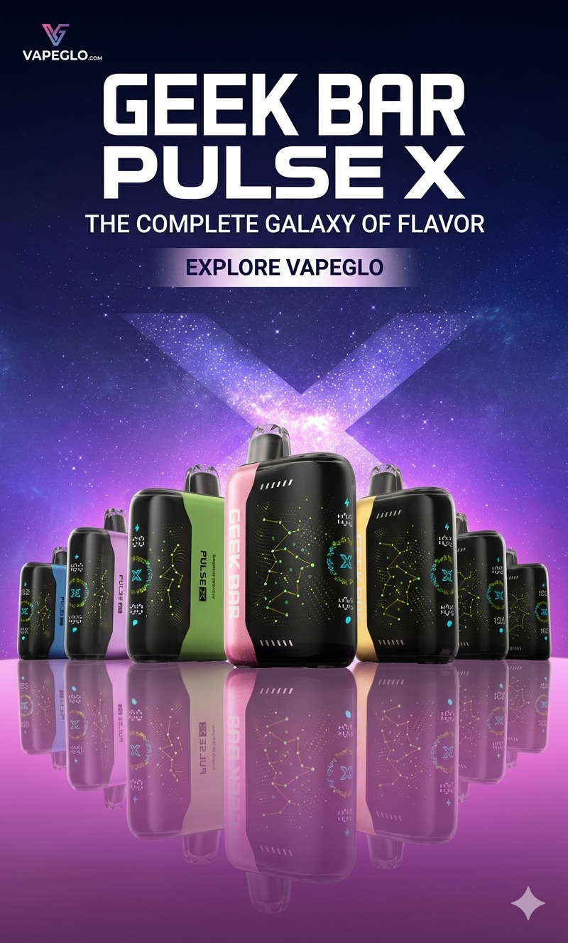 Vape devices with 'Geek Bar Pulse X' branding on a purple gradient background